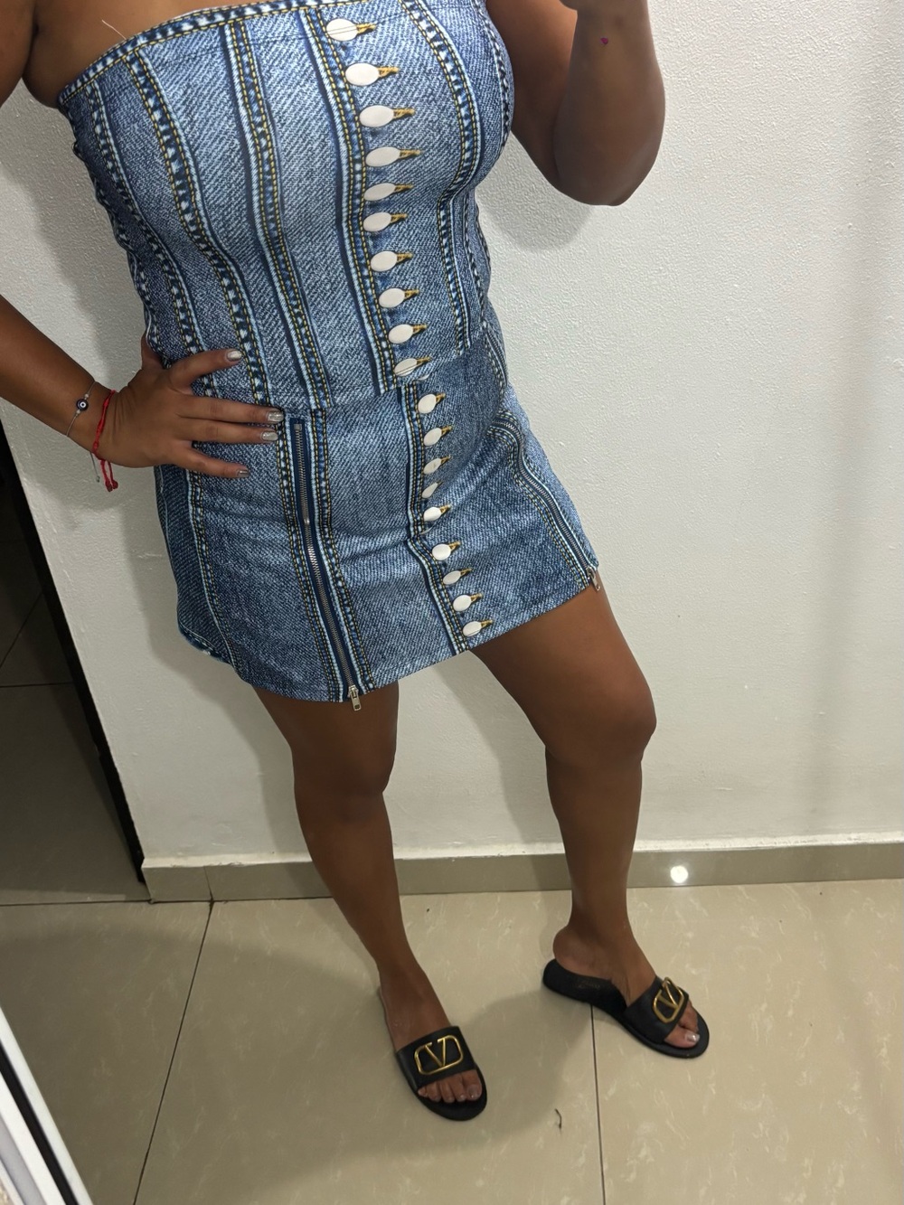 Strapless denim print skort  set - Blue